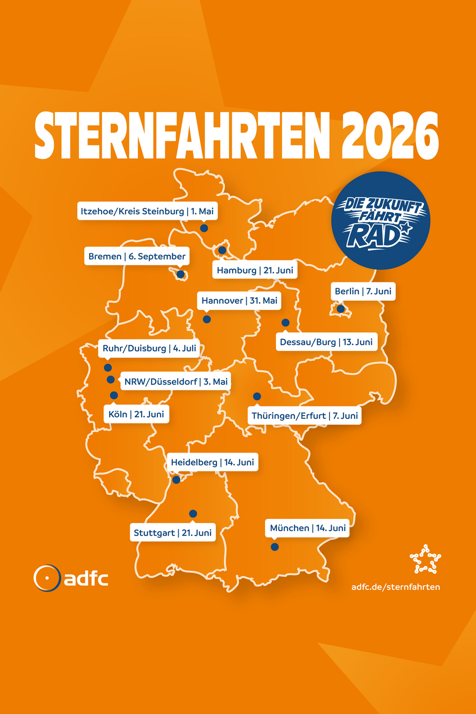 Übersichtskarte Sternfahrten 2026 Man sieht eine Deutschlandkarte mit allen Sternfahrten 2026 mit Ort und Datum